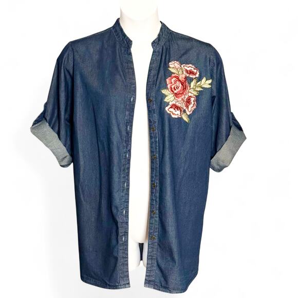 MPH Collection Plus Size Denim Tunic Shirt 2X Floral Applique 3/4 Sleeve Cottage - Picture 2 of 10
